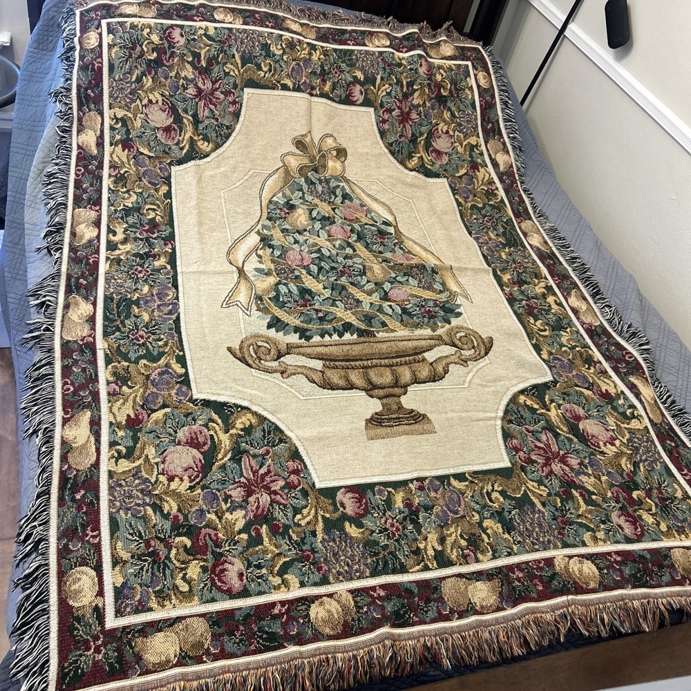Vintage Floral Urn Tapestry Woven Throw‎ Blanket 53x72 Fringe Cottagecore